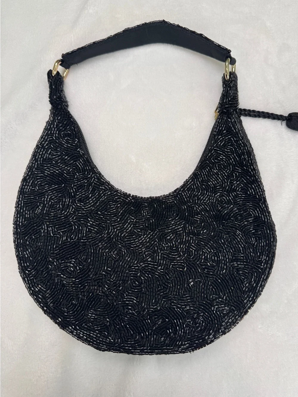 Studio 12 Black Beaded Floral Velvet Shoulder Bag Tassel Y2K